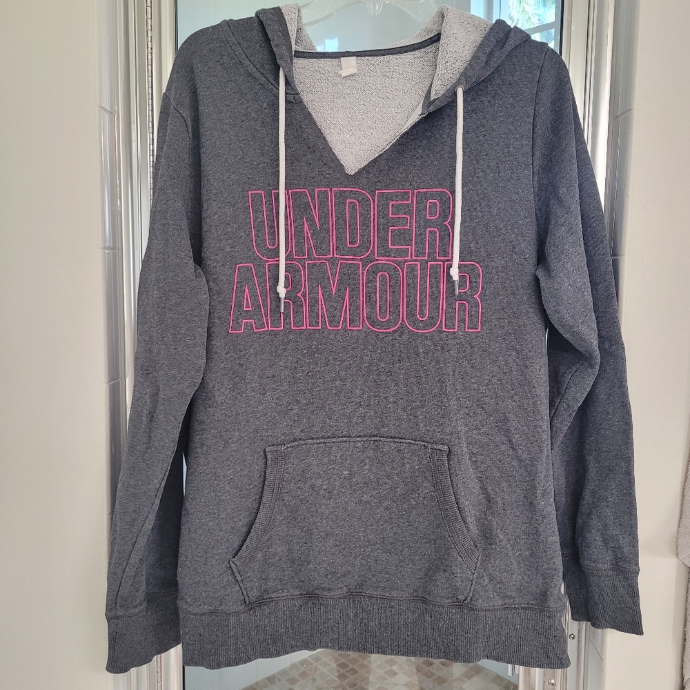 UNDER ARMOUR Favorite Fleece Pullover Gray Notch Hoodie ** Large  ** EUC!!!